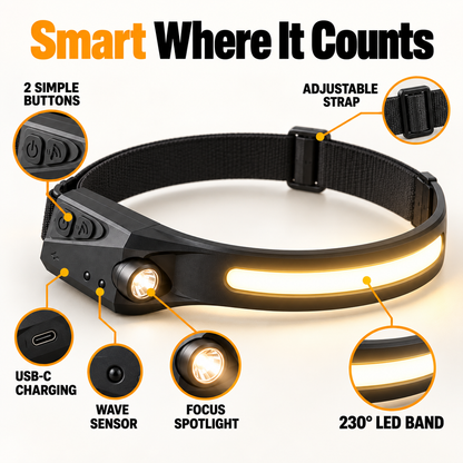 Brimlight features: 230° LED band, spotlight, wave sensor, USB-C