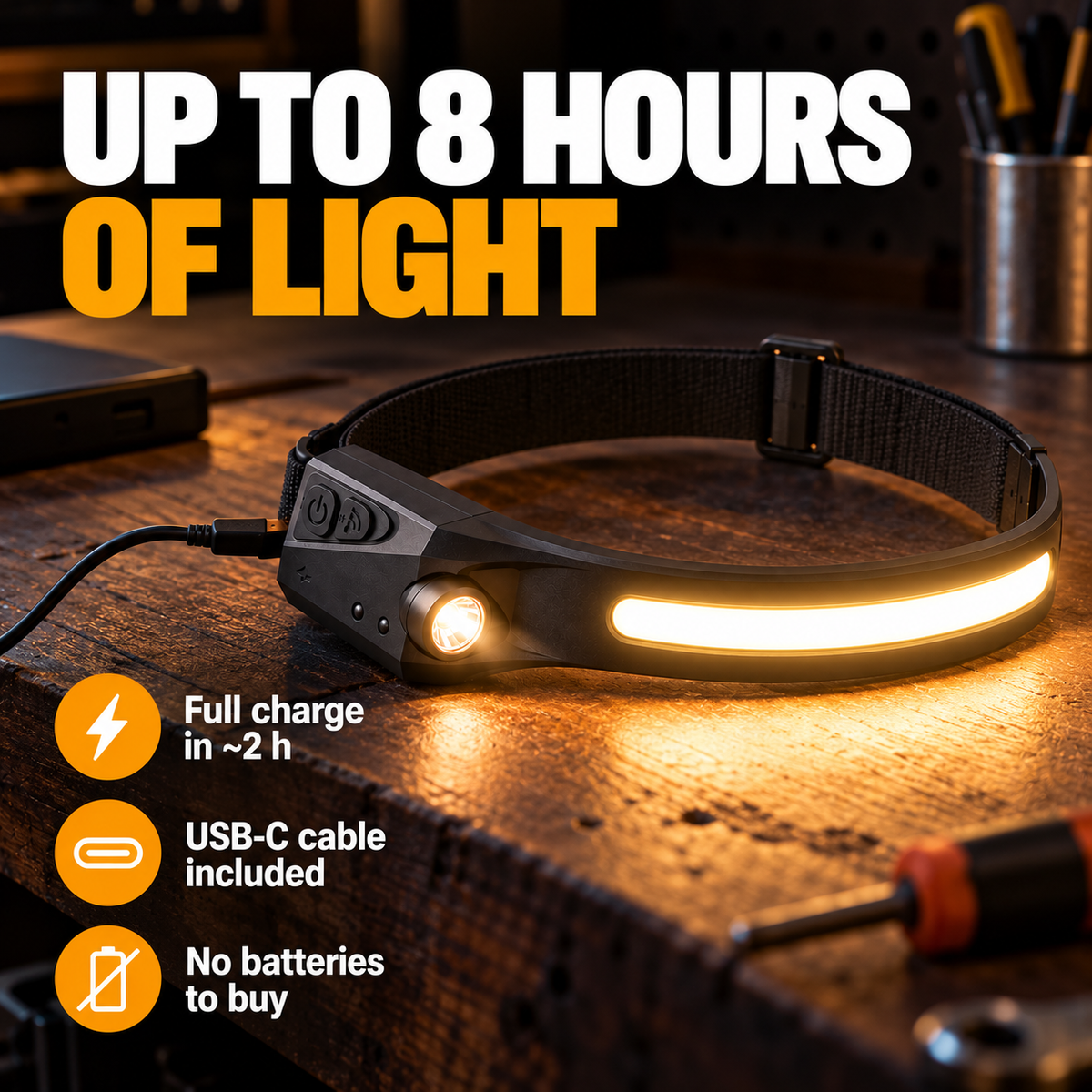 Up to 8 hours of light, USB-C rechargeable