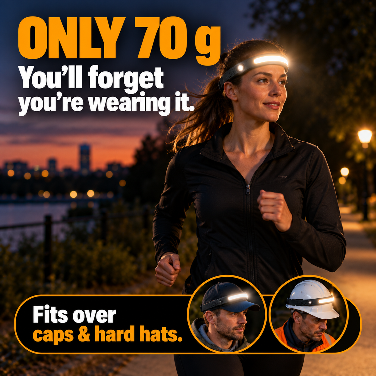 Only 70 g – fits over caps and hard hats