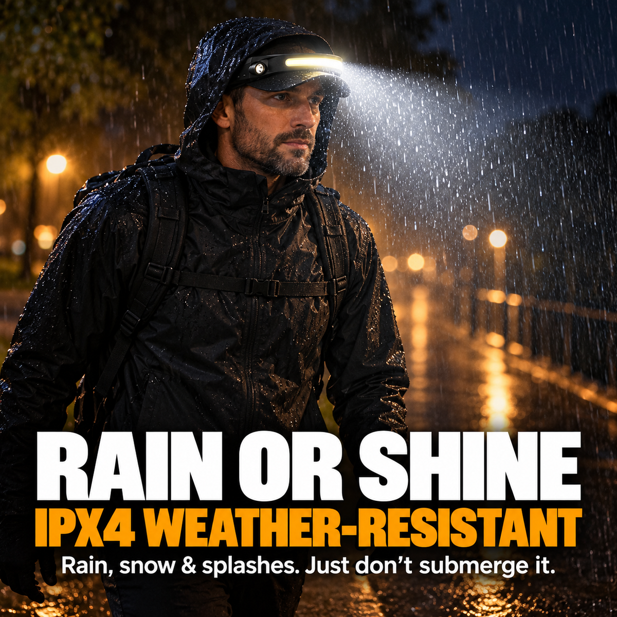 IPX4 weather-resistant headlamp in the rain