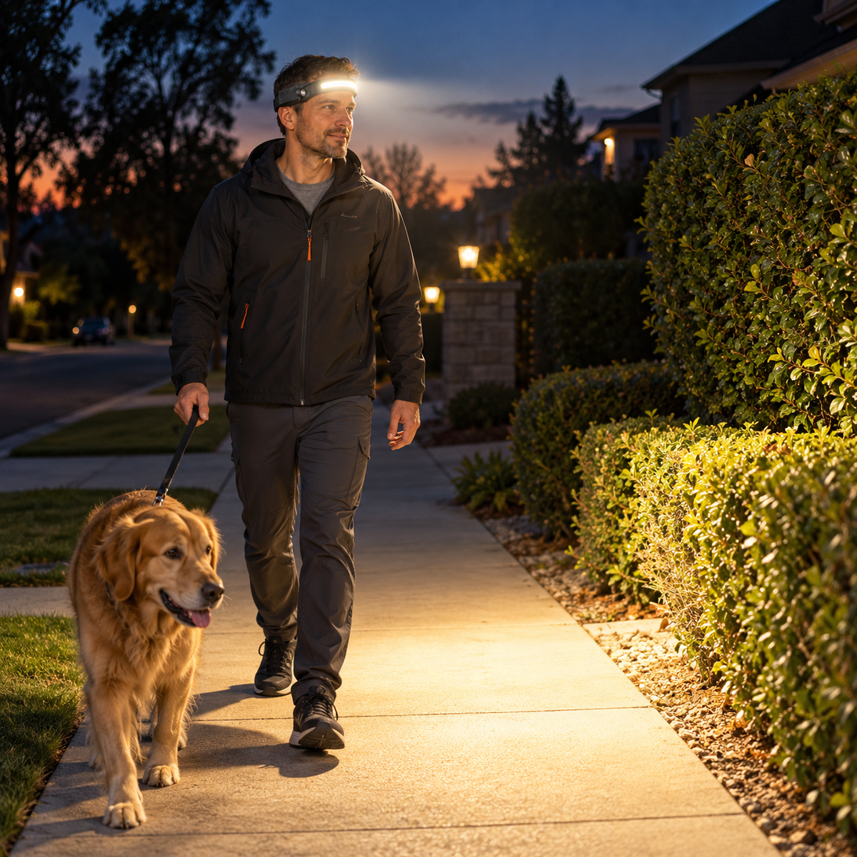 Man walking his dog at dusk wearing the Brimlight headlamp
