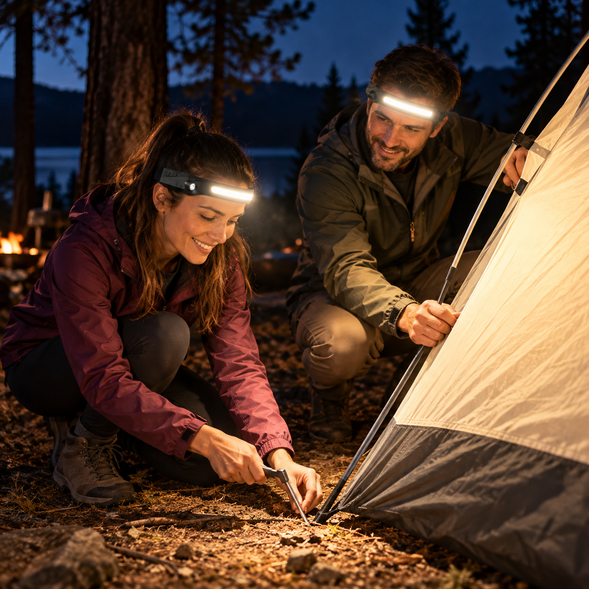 Couple pitching a tent at night with Brimlight headlamps