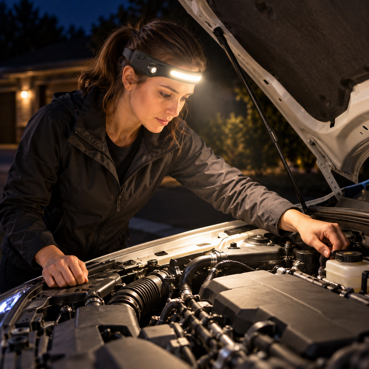 Checking a car engine at night with the Brimlight headlamp